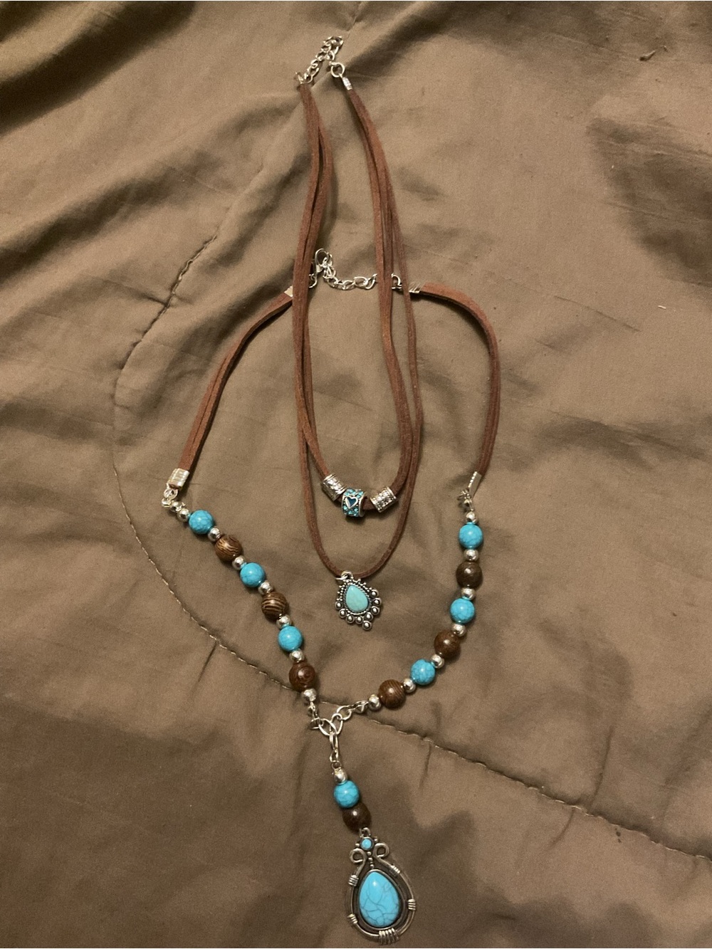 Boho Turquoise Western Layered Cord & Beaded Necklace Set
